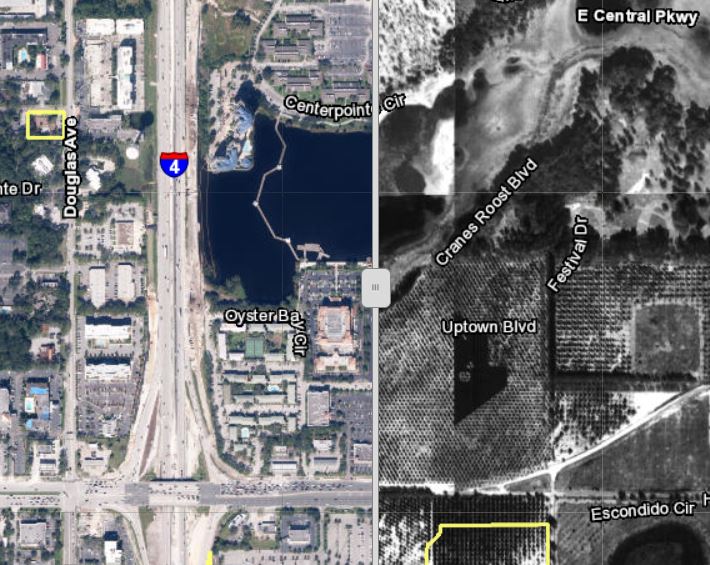 Side by side aerial imagery with newer imagery on the left and older imagery on the right.